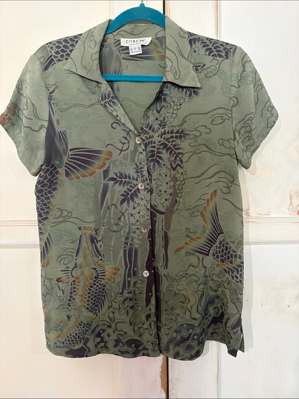 Citron Olive Green Koi-Print Silk Button-Up Shirt